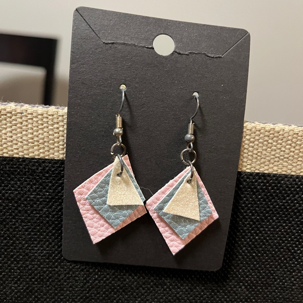 Hand Crafted Pink, Blue & Cream Layered Leather Triangle Dangle Earrings